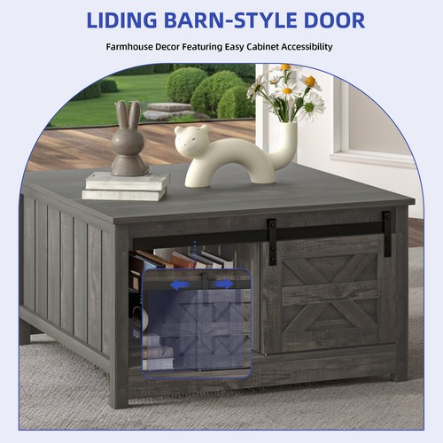 32" Multifunction Wood Coffee Table Sliding Barn Door Hidden Storage Living Room - Picture 4 of 9