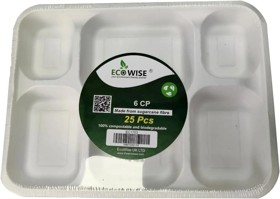 Disposable Plates 6 Compartment Trays Eco-Friendly Bagasse Dinner Plates 25 Pcs - Image 2 of 4
