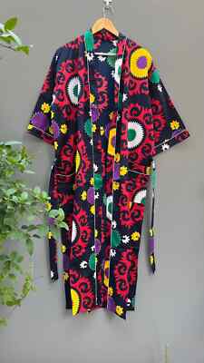 Indian 100% Cotton Long Kimono Women's Bath Robe Blue Color Floral Kimono Robe