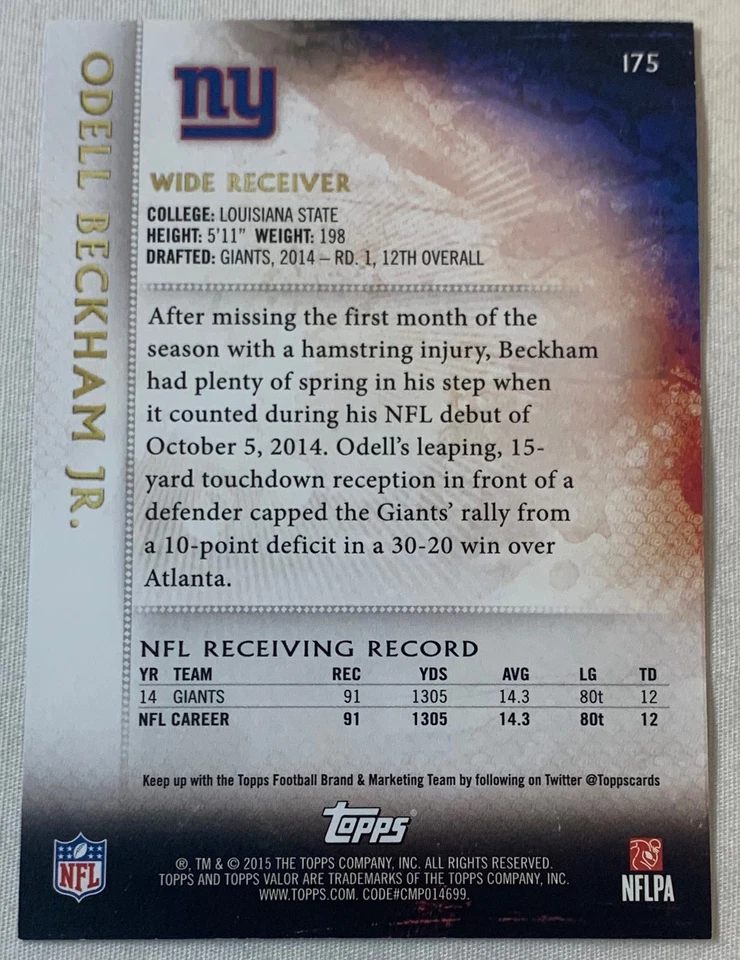 2015 Topps Valor copper #175 ~ ODELL BECKHAM JR ~ 25/50 - Image 2 of 2