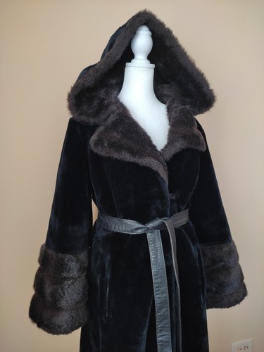Vintage Black Afghan Coat Flared Soft Faux Fur Hooded  Belted Penny Lane Sz M/ L - Afbeelding 8 van 14