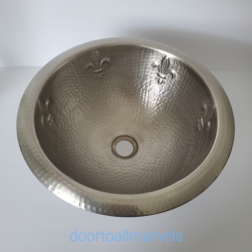 HOUZER Hand-Hammered Copper w/Pewter Bathroom Sink Round Fleur de Lis Orig $600
