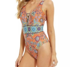 Antonio Melani One Piece Swimsuit Orange Multi Golden State Sz 10 NWT 108