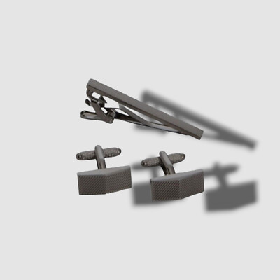 $45 Perry Ellis Men's Gray Gunmetal Puzzle Textured Cuff Links & Tie Bar Set