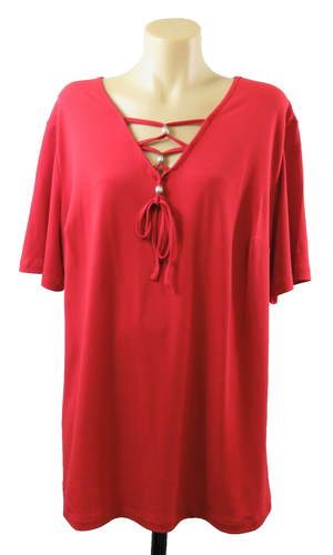 BeMe Plus Size Womens Red Top Blouse Short Sleeve V Neck Lace Up Stretch Size 16 - Picture 3 of 7