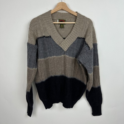 VTG Boston Traders Mens Sweater V Neck sz L Wool Striped Tan Grey Grandpa Retro