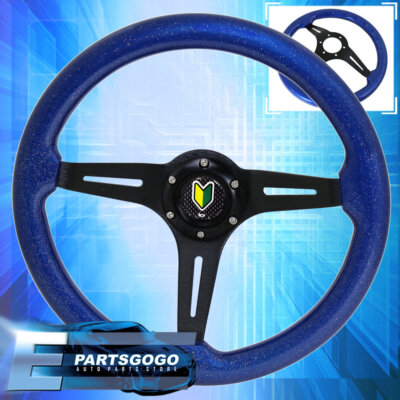 345mm Deep Dish Streak Steering Wheel Blue Wood Grain Sparkling Wakaba Horn