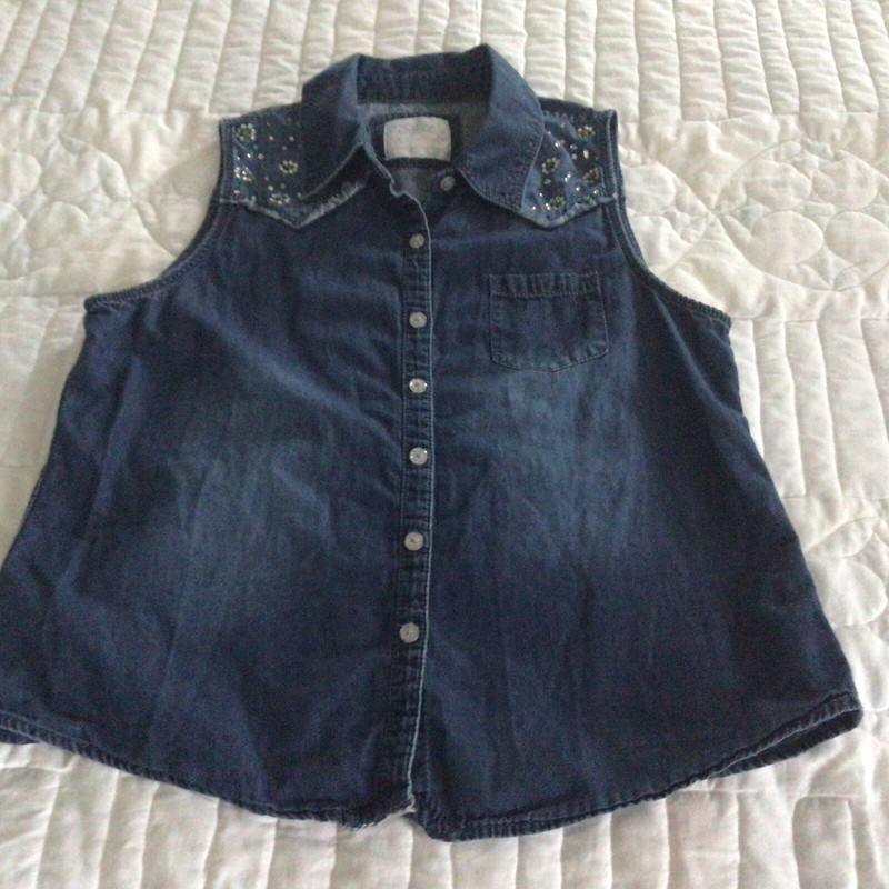 Justice Girls Western Style Size 20 Denim Top Bling Yoke Sleeveless Button Up