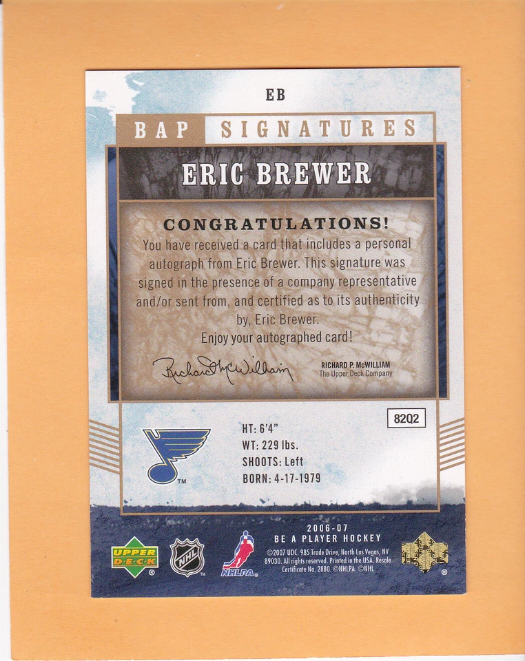 ERIC BREWER #EB 2006 07 BE A PLAYER AUTO ST LOUIS BLUES NM-MT  A2 - Image 2 of 2