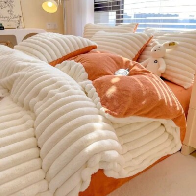 Thick Warm Double-sided Plush Luxury Duvet Cover Bed Linens Set Quilt Cover 