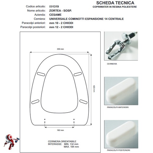 COPRIWATER COPRIVASO TAVOLETTA SEDILE WC PER VASO CESAME ZORTEA BIANCO - Imagen 4 de 5