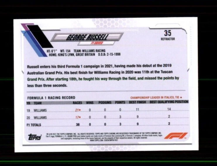 2021 Topps Chrome Formula 1 Refractors #35 George Russell - Image 2 of 2