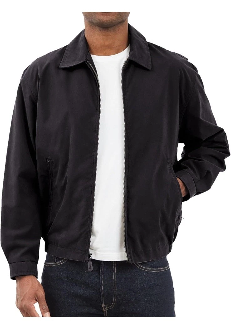 London Fog Golf Jacket Mens Large Black Lined Inner Pockets Elastic Hem Full Zip