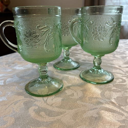 (3) Tiara Indiana Glass Chantilly Green 8oz Footed Pedestal Mugs 5.5” Set of 3