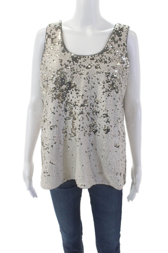 DKNY Womens Sequineced Textured Sleeveless Blouse Silver Size M