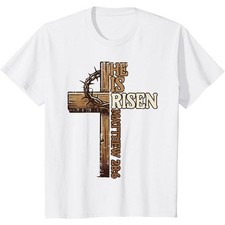 Cotton Short Sleeve T-Shirt Easter Cross He Is Risen Jesus Christian