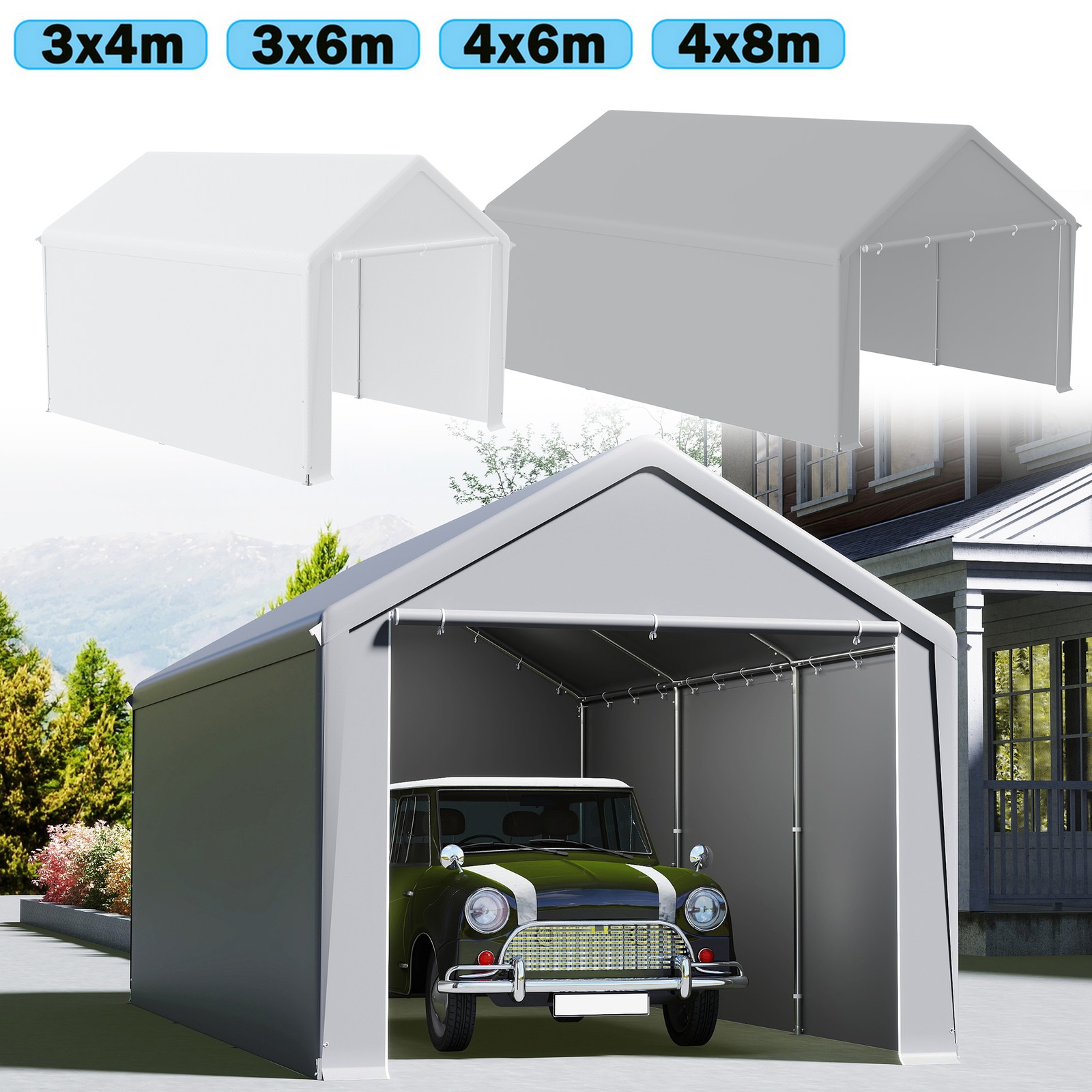 Tienda de campaña para coche tienda de almacenamiento cochera casetas de herramientas 3x4m 3x6m 4x6m 4x8m garaje tienda con puerta