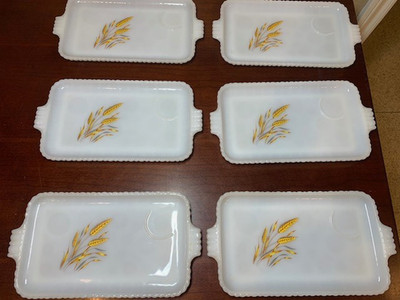 Vintage Fire King Wheat Milk Glass Snack Plates Luncheon Trays MCM Set of 6