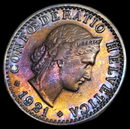 1921 Switzerland 20 Rappen Stunner Rainbow Toning Old World Coin KM:29 (stk120) - Picture 2 of 4