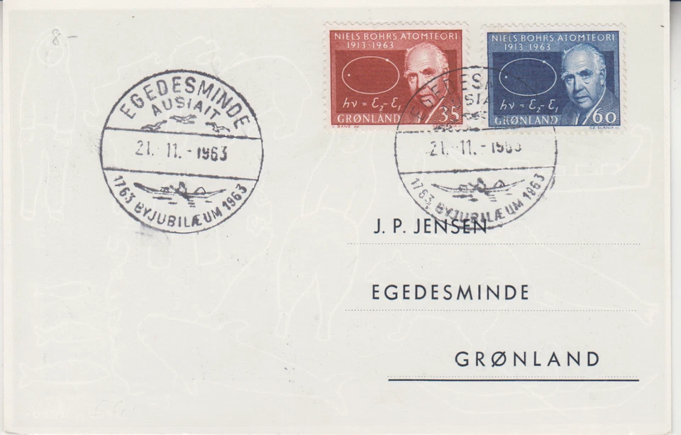GREENLANDIA: TARJETA 1963 / FDC / CUBIERTA - SCOTT # 66/67 NIELS BOHR Foto 2 de 2