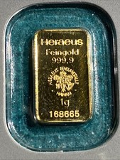 Heraeus 1g Goldbarren .9999 Feingold 999.9 Versiegelte Blisterkarte #168665