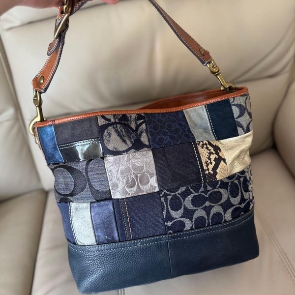Coach 10003 Ergo Hobo Bag Blue Denim Patchwork Leather Y2K Vintage Shoulder