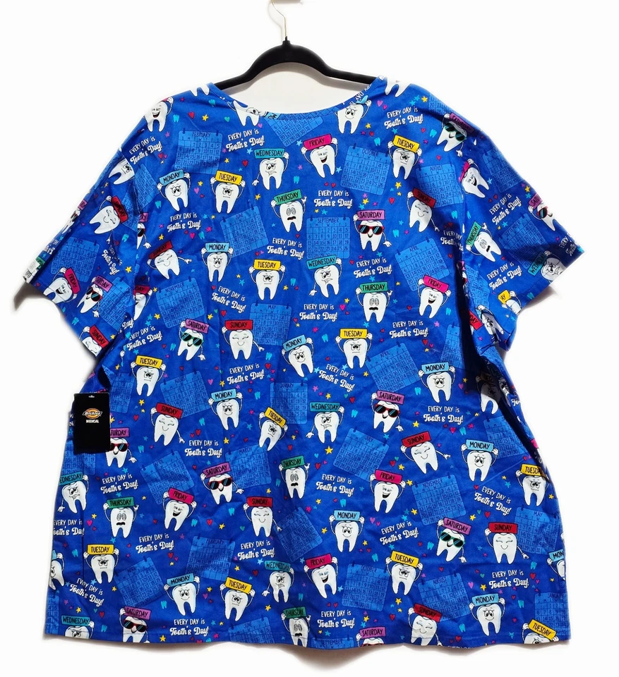 NWT Dickies V Neck Scrub Top with 2 Front Patch Pockets 4xl Dentist Tooth Theme - Image 3 of 4