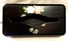 Ransburg Black Metal Tissue Box Cover With White Pink Hand Painted Floral