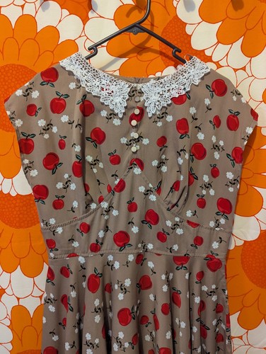 Hell Bunny Vixen L Dress Brown Red Apple Print Floral Lace Collar Midi Swing - Picture 4 of 17