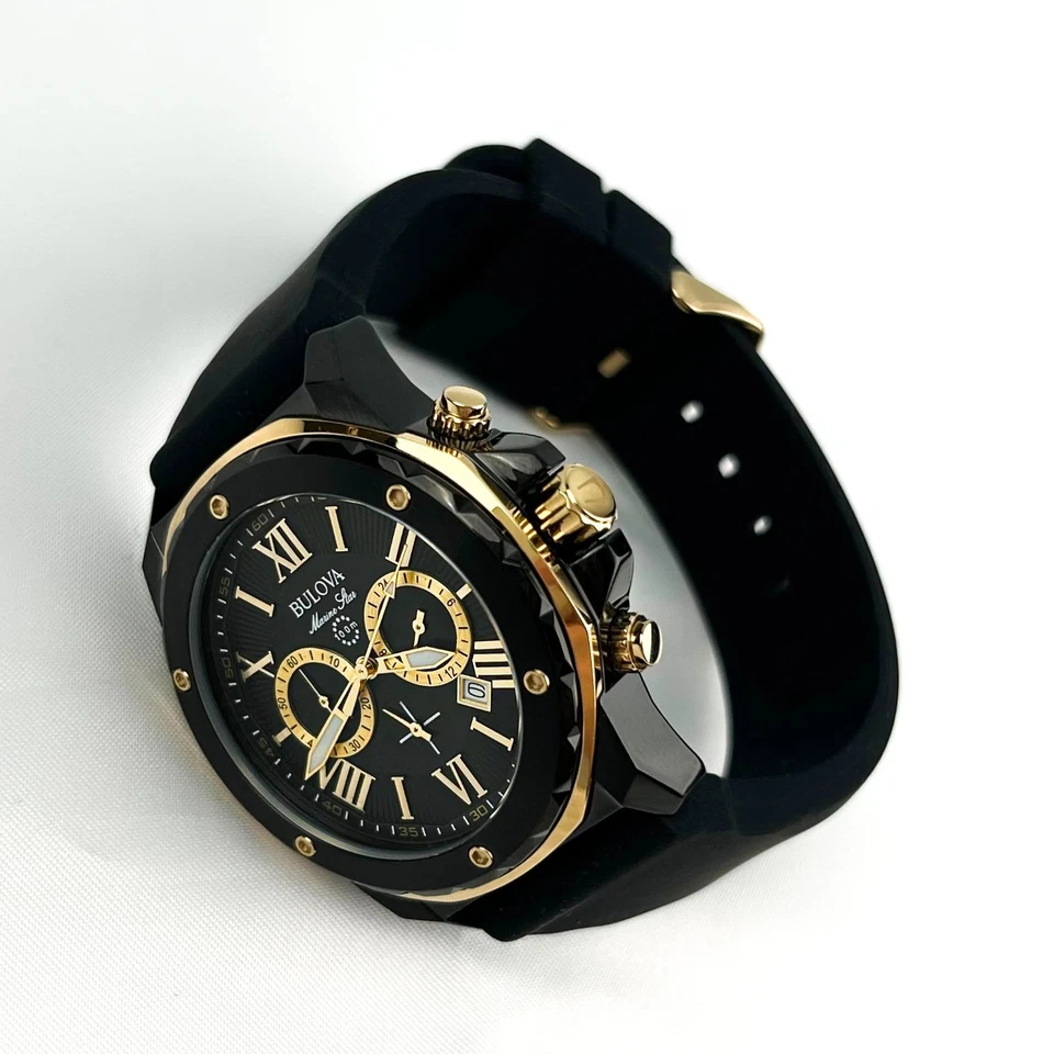 Reloj de cuarzo Bulova Marine Star 98B278 esfera negra correa de silicona 44 mm para hombre Foto 3 de 4
