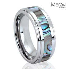 Tungsten Carbide Abalone Shell Inlay Silver Mens Wedding Band Women Jewelry Ring