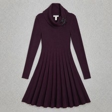 Dana Buchman Purple Knit Sweater Dress Women S Cowl Neck Pleats Fit Flare Buckle