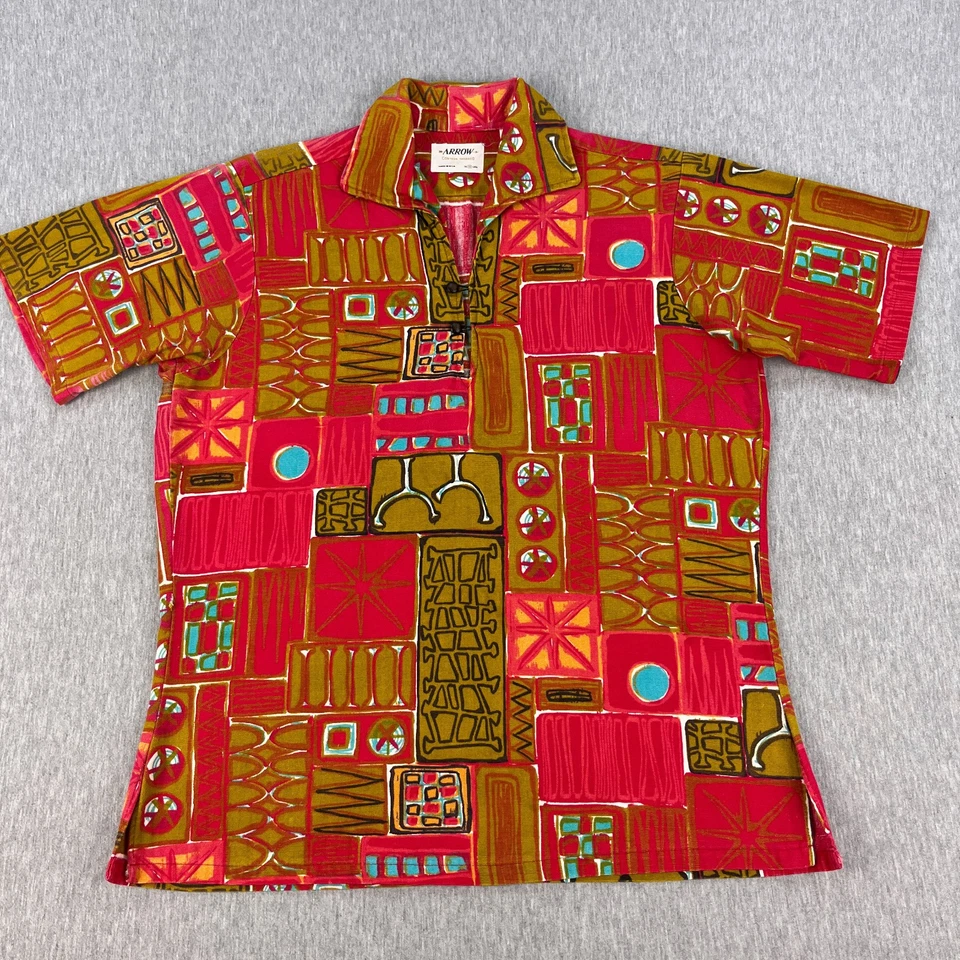 Vintage Arrow Tiki Shirt Mens S Red Abstract Midcentury Spread Camp Collar USA - Image 2 of 4