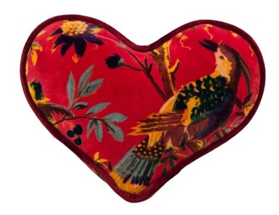 Vintage Boho Red Velour Bird Print Heart Shaped Mini Pillow 11 X 8