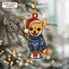 Custom Name Cute Sitting Chihuahua Dog with Santa Hat Christmas Lights Ornament