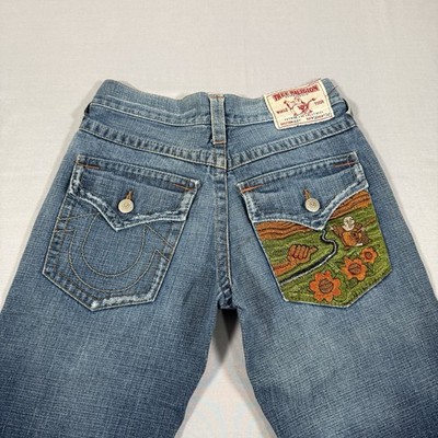 True Religion Jeans Womens 30 Blue Low Rise Flare Joey Embroidered