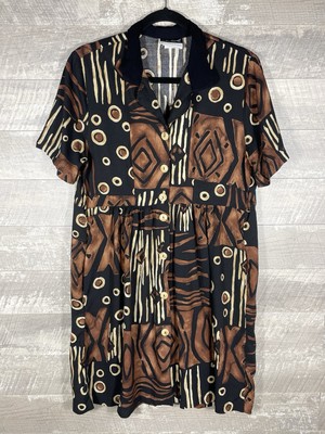 VTG Brown Black Artsy Funky Tribal Exotic Print Collared Button Dress Sz 8 USA