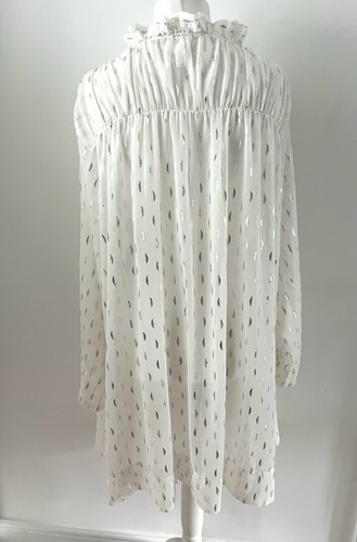 H&M Size XXL UK 24-26 White Silver Chiffon Long Tunic Top Blouse Ruffle Neckline - Picture 8 of 12