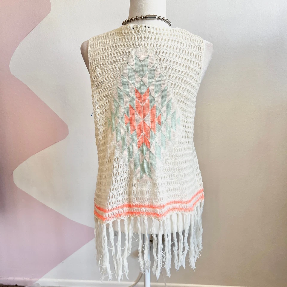 Chaleco Tejido Abierto Flecos Crema Vintage Y2K Retro Boho Indie Festival Pequeño Foto 3 de 4