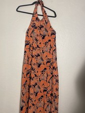 Lands End Halter Maxi Dress Womens Sz XSP Keyhole Orange/black High Waist