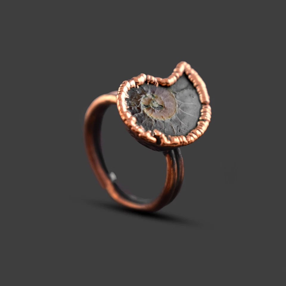 Natural Ammonite Fossil Gemstone Handmade Copper Antique Statement Ring Jewelry - Image 3 of 4