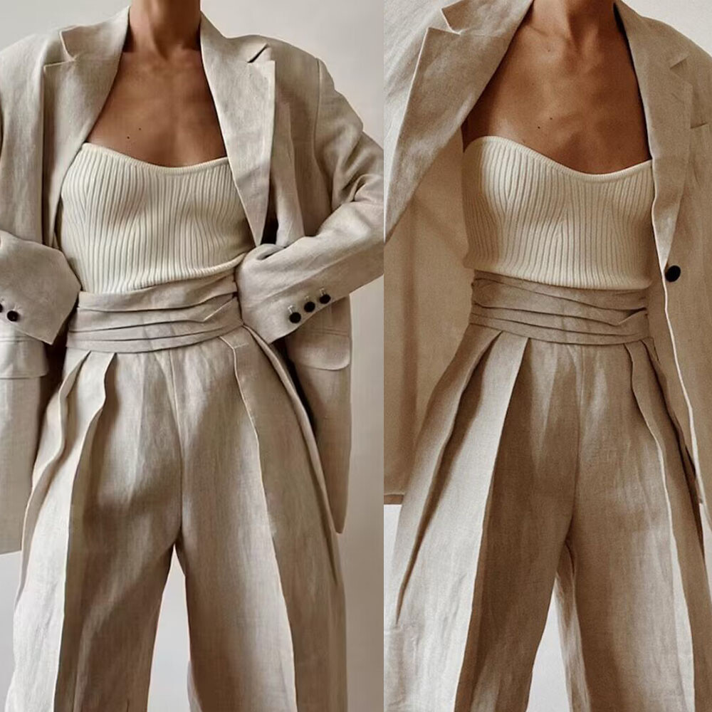 Beige Linen 2 PCS Women Suits Summer Casual Beach Party Wear Ladies Outfit | eBay Beige Linen 2 PCS Women Suits Summer Casual Beach Party Wear Ladies Outfit | eBay
