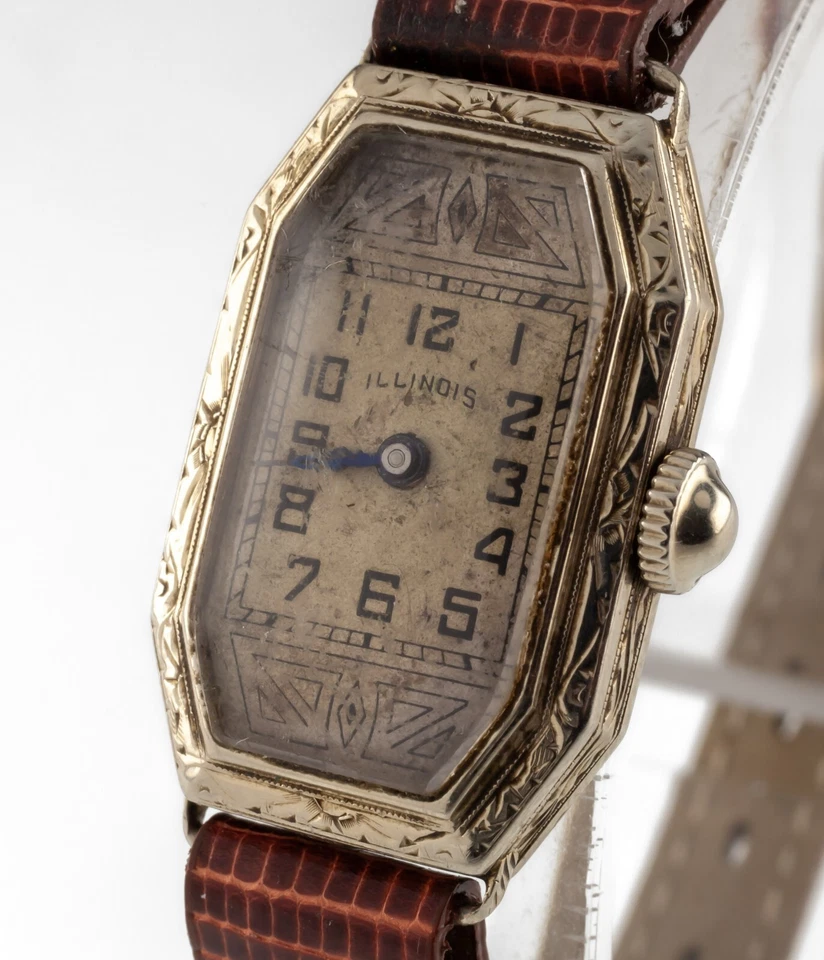 Женские антикварные наручные часы из белого золота 18 карат с ручным заводом Illinois с кожаным ремешком - Изображение 3 из 4