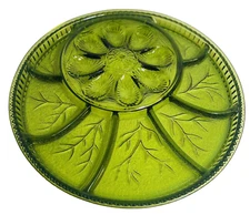 Indiana Glass Deviled Egg Relish Dish 13" Round Serving Platter Tray Green EUC