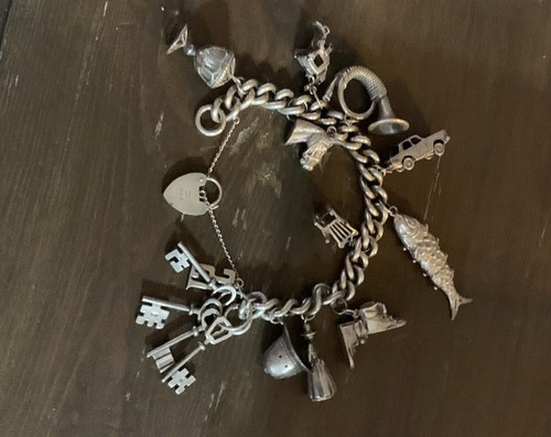 Sterling Silver Bracelet With Vintage Charms 111grams Heart Padlock Hallmarked