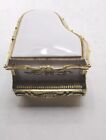 Vtg Metal Baby Piano Rose's Gold Trim Musical Trinket Box Porcelain Top, plays