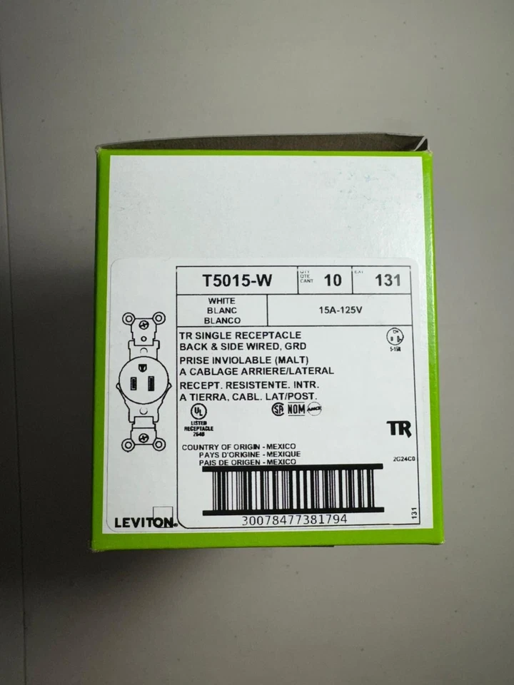 Caja de 10 receptáculo único Leviton T5015-W 15 amperios 125 voltios, cuerpo estrecho, blanco Foto 2 de 4