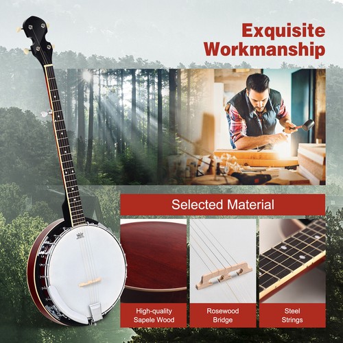 5-string Banjo 39” Full Size Banjo w/ 24 Bracket Remo Head Geared 5th Tuner - Picture 5 of 11