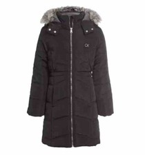 CALVIN KLEIN Jeans Girls Fur Trim Hooded Puffer Jacket Black NWT 110