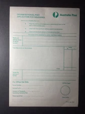 AUSTRALIA… OVERSEAS PARCEL POST APPLICATION FOR INSURANCE FORM, 1981